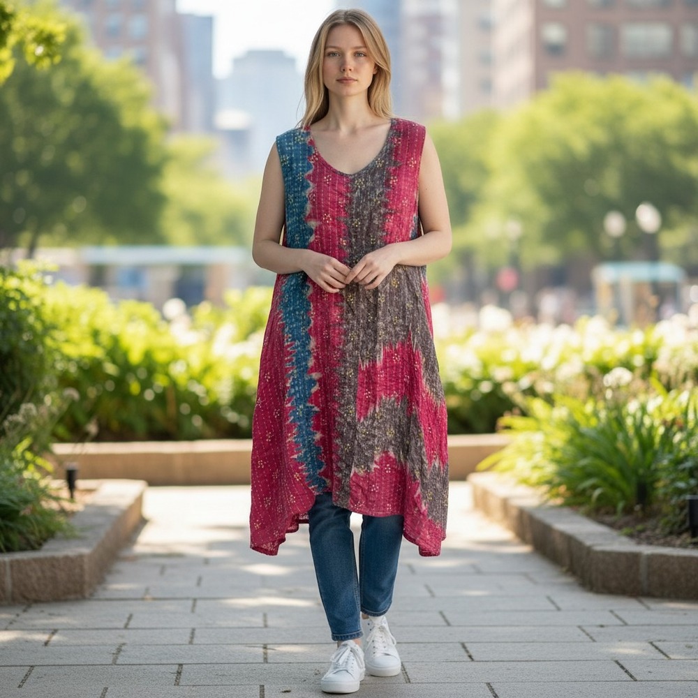 Ruthie's Ragz Artisan Kantha Stitch Reversible Midi Dress Pink Blue